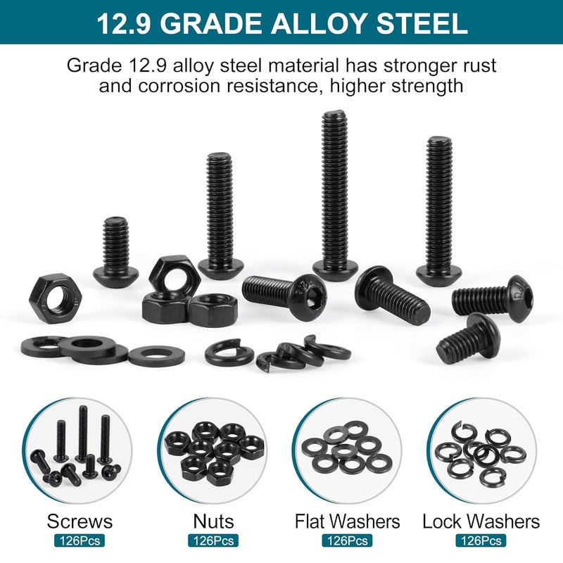 SATANTECH 505Pcs Metric M6 Bolt Assortment 10/12/14/16/20/25/30/35mm Button Head Hex Socket Cap Screws Bolts Nuts Washers Assortment Kit, 12.9 Grade Alloy Steel Black Galvanized, Fully Threaded - Image 4